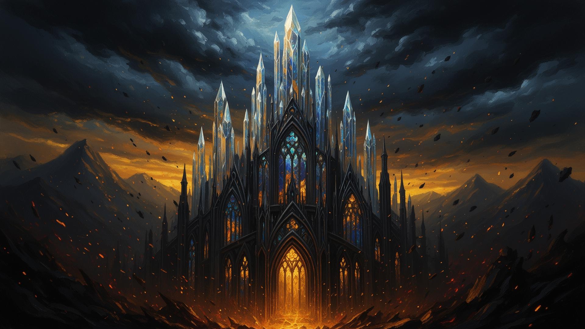 The Glass Castle of Adarlan rising against a stormy sky